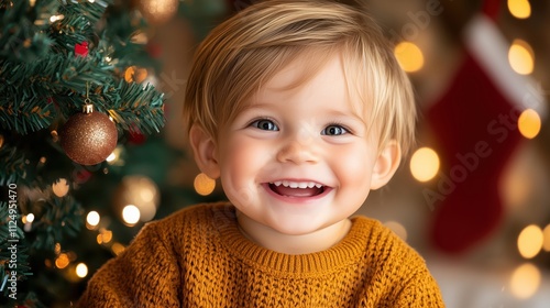 Close up of a little boy smiling in a cozy living room with a Christmas tree at night