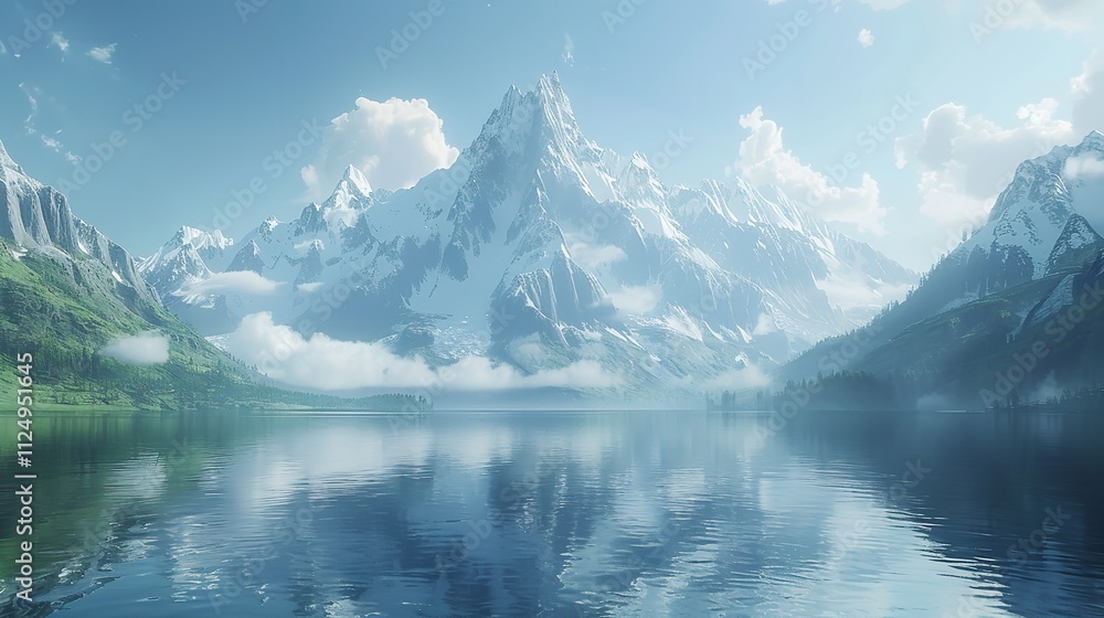 Snowy mountains reflecting in a calm lake under a clear blue sky. Snowy mountains reflecting in a calm lake under a clear blue sky.