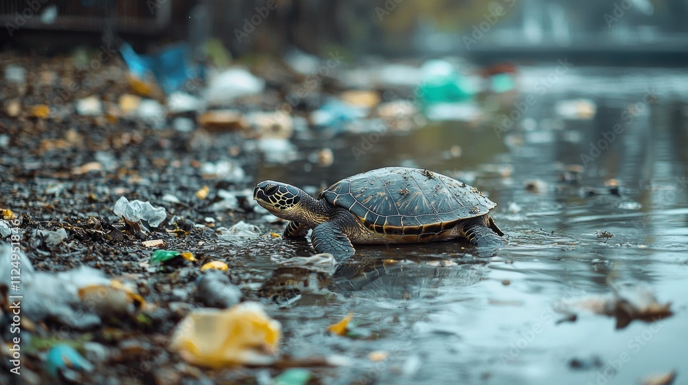 Obraz premium An endangered turtle struggles on a polluted shore, surrounded by plastic debris and litter in an ocean ecosystem. The stark contrast emphasizes the urgent need for environmental action