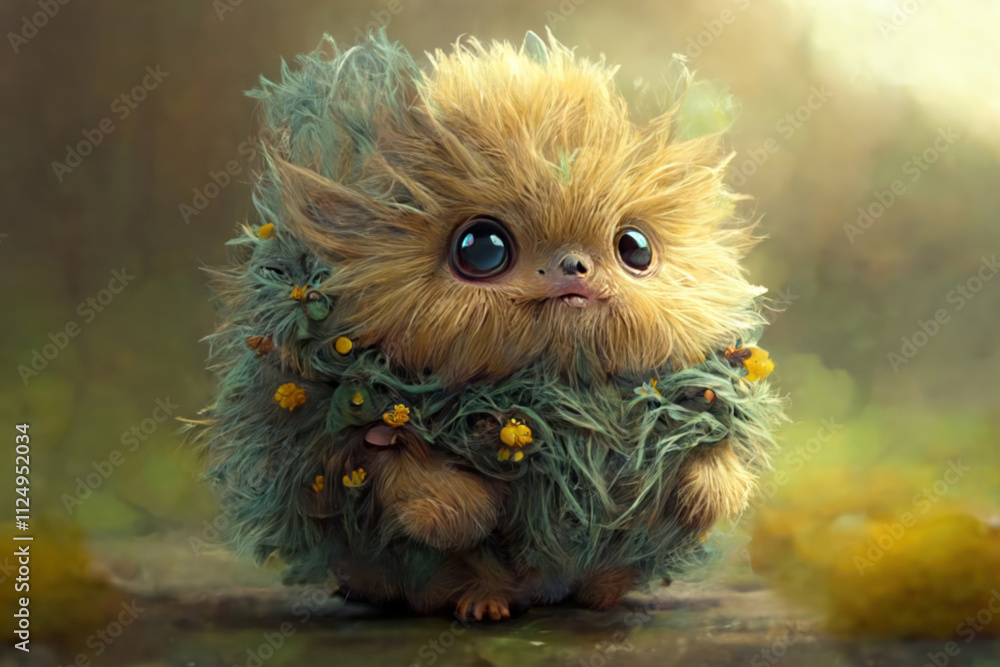 Adorable cute fluffy fantasy creature and flowers, watercolor cartoon style, watercolor style,