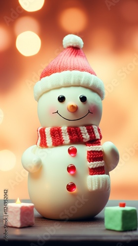 Cute little snowman decoration with cozy winter background photo