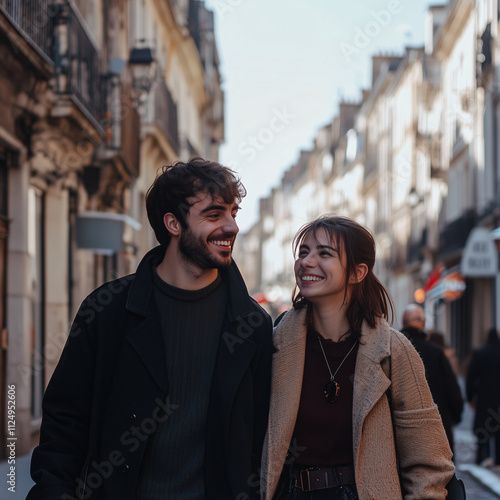 Caucasian man and woman walking down street, smiling at each other, city stroll.