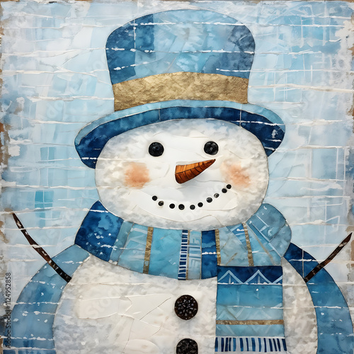 Abstract textured portrait of a cute snowman with blue hat and blue scarf 