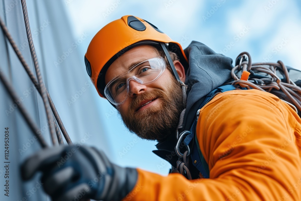 Worker in protective gear safely performing rope access over a building while hanging on ropes Worker in protective gear safely performing rope access over a building while hanging on ropes