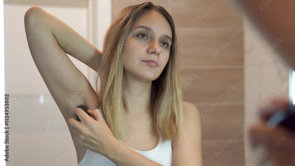 beautiful woman applying roller deodorant at mirror in bathroom beautiful woman applying roller deodorant at mirror in bathroom