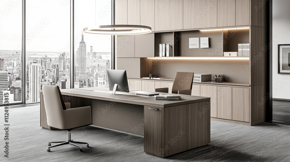 Modern minimalist office with large window, cityscape view, wooden desk, chairs, and built-in shelving. Modern minimalist office with large window, cityscape view, wooden desk, chairs, and built-in shelving.