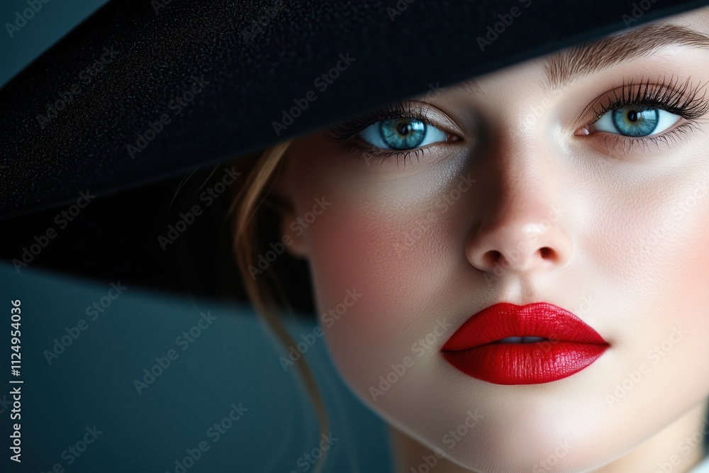 Close-up portrait highlighting the enchanting allure of a woman in a black hat, white dress, and striking red lipstick Close-up portrait highlighting the enchanting allure of a woman in a black hat, white dress, and striking red lipstick