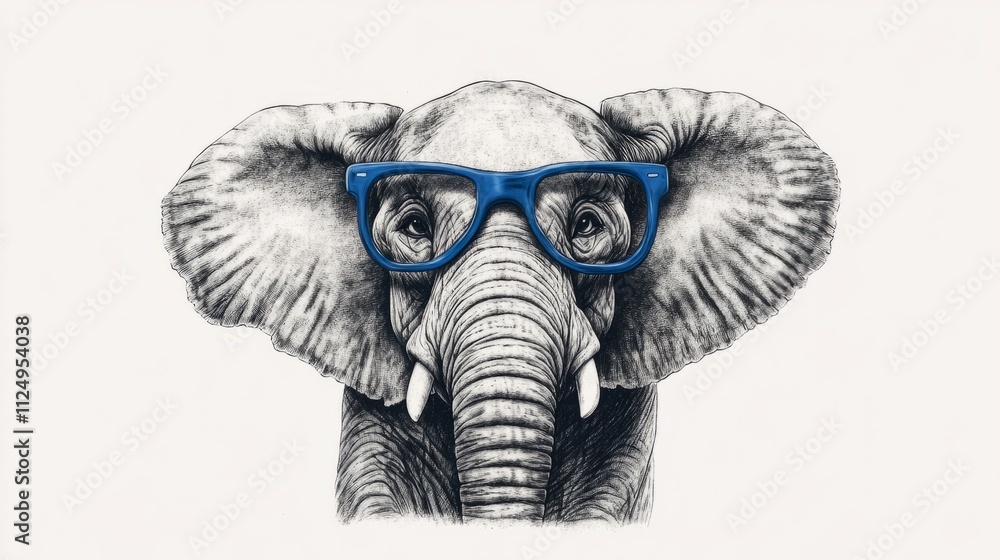 Elephant in a black and white illustration with big blue glasses, generative ai Elephant in a black and white illustration with big blue glasses, generative ai