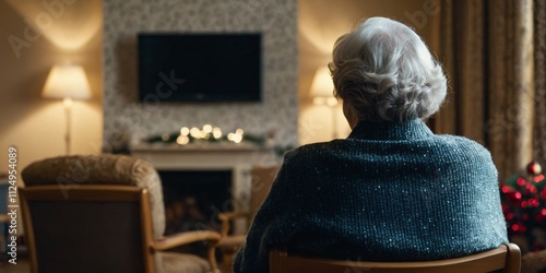 A back view shows a lonely old woman sitting alone in a nursing home during Christmas time, with Christmas Eve snowfall and a New Year's background outside.