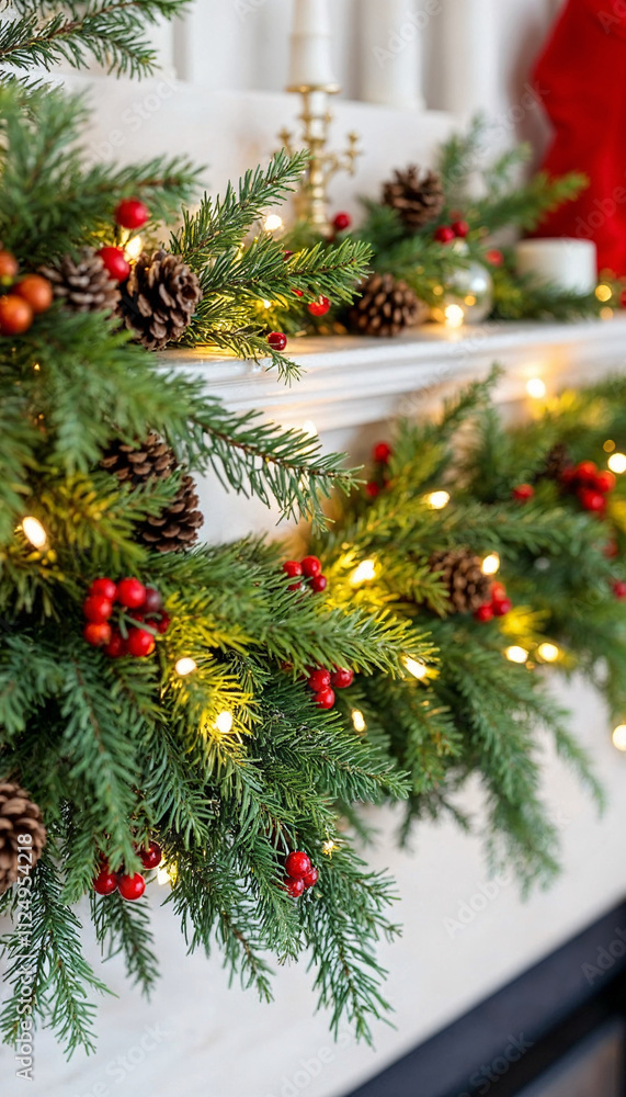 Embrace the warmth of the holiday season with a beautifully decorated mantle featuring pine garlands, twinkling lights, and festive accents that create a cozy atmosphere Embrace the warmth of the holiday season with a beautifully decorated mantle featuring pine garlands, twinkling lights, and festive accents that create a cozy atmosphere