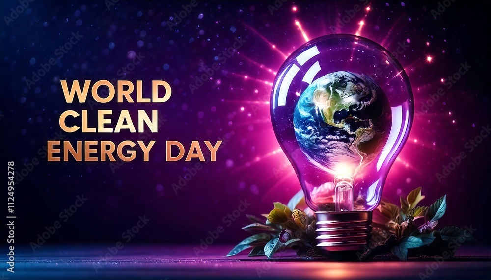Illustration of a light bulb featuring a green world map for World Clean Energy Day. Illustration of a light bulb featuring a green world map for World Clean Energy Day.