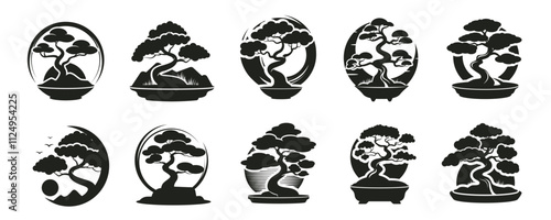 Bonsai tree vector icon set