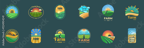Agriculture farm food logo with green field, sun and sky set
