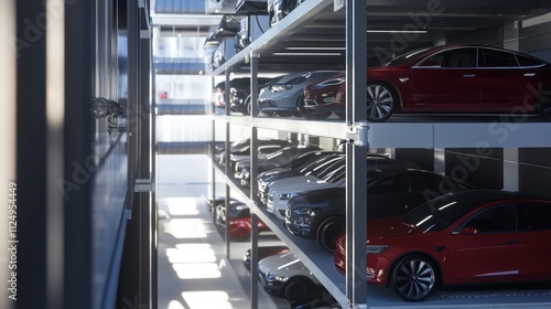 Modern Car Parking Garage with Sleek Vehicles in a Multilevel Storage Facility Showcasing a Variety of Colors and Styles for Urban Living and Transportation Solutions