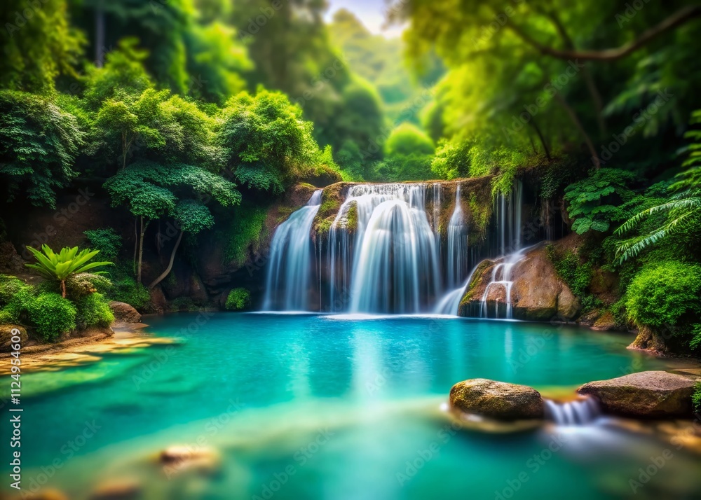 Captivating Tilt-Shift Photography of a Stunning Waterfall Cascading into a Turquoise Pool Surrounded by Lush Green Foliage, Perfect for Nature and Landscape Enthusiasts Captivating Tilt-Shift Photography of a Stunning Waterfall Cascading into a Turquoise Pool Surrounded by Lush Green Foliage, Perfect for Nature and Landscape Enthusiasts