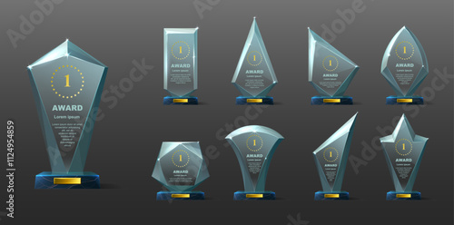 Glass award trophy set. Transparent prize template. Winner first place concept