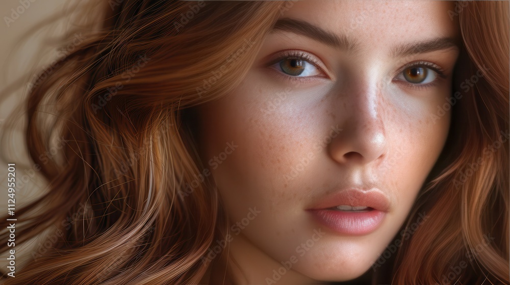 Captivating gaze of a young woman with flowing auburn hair in soft natural light under serene conditions. Generative AI Captivating gaze of a young woman with flowing auburn hair in soft natural light under serene conditions. Generative AI