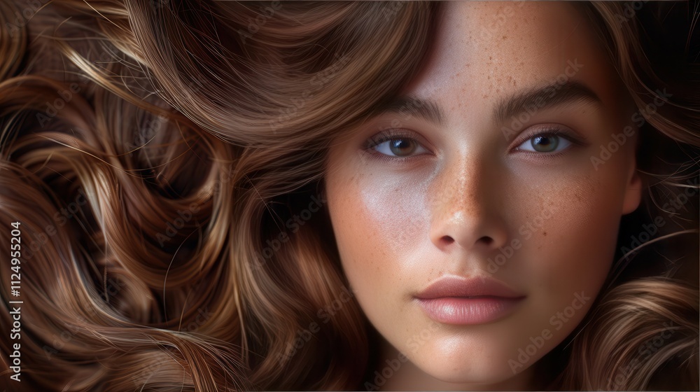Captivating beauty with flowing hair, soft features, and mesmerizing eyes in a serene, artistic composition. Generative AI Captivating beauty with flowing hair, soft features, and mesmerizing eyes in a serene, artistic composition. Generative AI