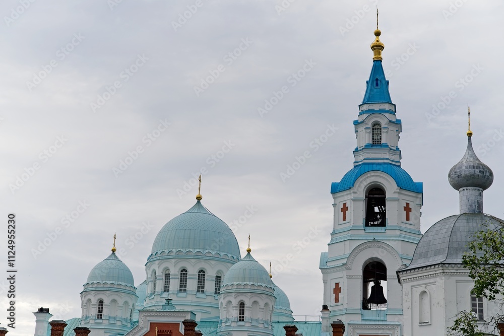 Obraz premium Valaam Island, Russia, July 12, 2024. Blue domes of the monastery. 