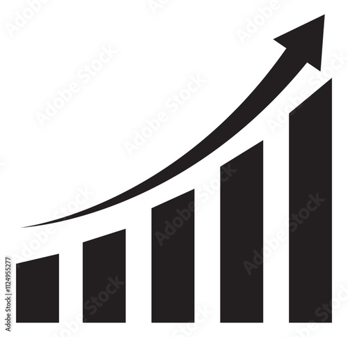 Single black arrow growing pointing up on chart graph bars icon, success graph trending upwards flat design interface infographic element for app ui ux web button, vector isolated on white background.