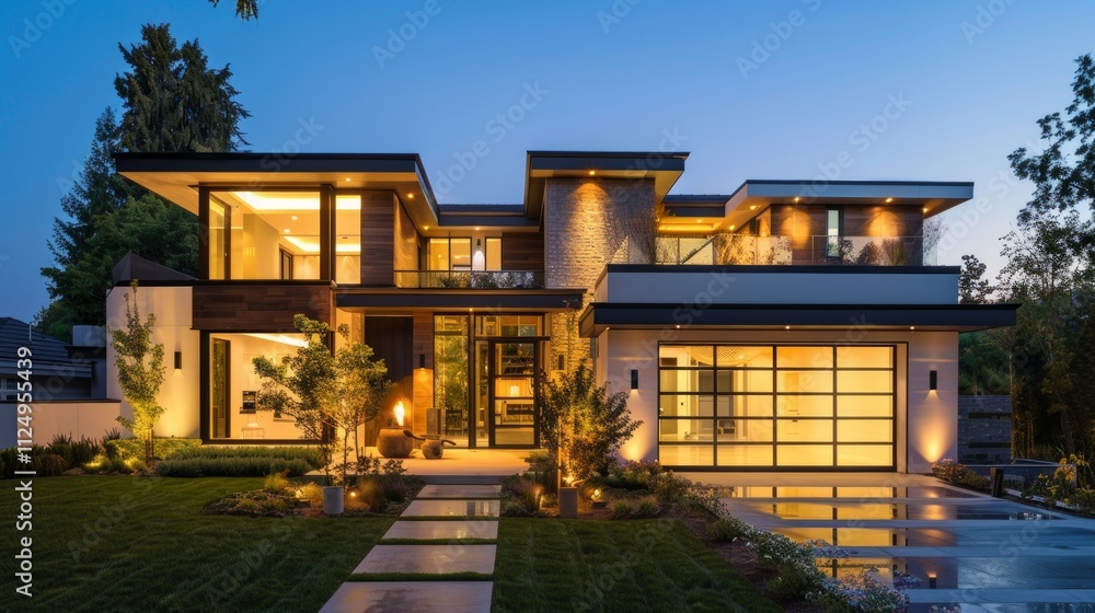A luxurious two-story modern house with white walls, grey accents, and glass features illuminated at night. Elegant landscaping and practical elements like a garage A luxurious two-story modern house with white walls, grey accents, and glass features illuminated at night. Elegant landscaping and practical elements like a garage