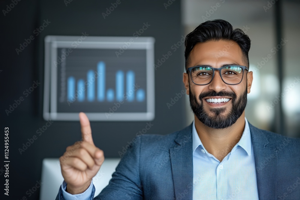 Confident business professional presenting growth statistics in modern office setting Confident business professional presenting growth statistics in modern office setting