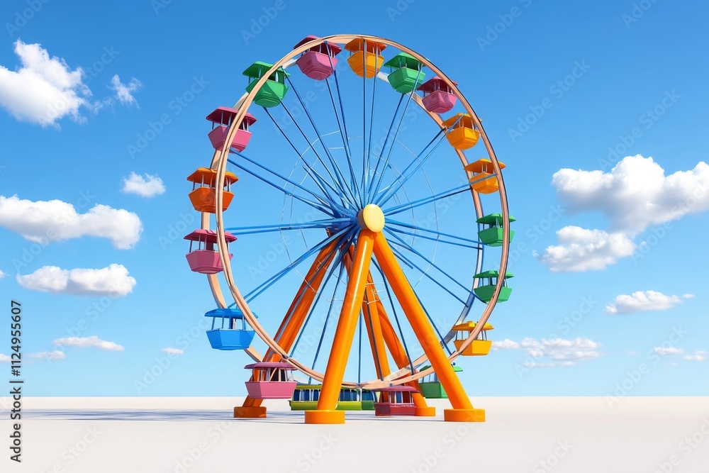 Fototapeta premium vibrant Ferris wheel isolated on a clean white background, showcasing its intricate frame, colorful passenger cabins, and modern design, perfect for a fairground theme
