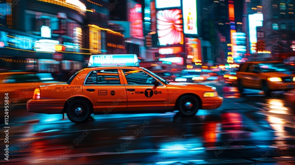 A rainy night in Times Square, NYC: vibrant with neon lights, a yellow taxi, and busy city life. A rainy night in Times Square, NYC: vibrant with neon lights, a yellow taxi, and busy city life.