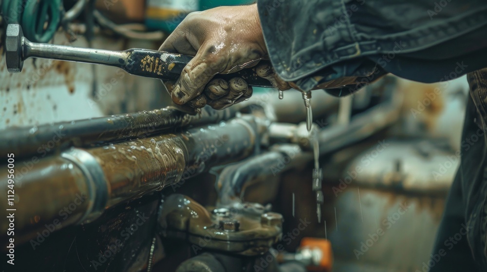 A person in work attire unscrews a metal valve on a yellow pipeline. Background shows industrial setting with tools present. Site appears cluttered. A person in work attire unscrews a metal valve on a yellow pipeline. Background shows industrial setting with tools present. Site appears cluttered.