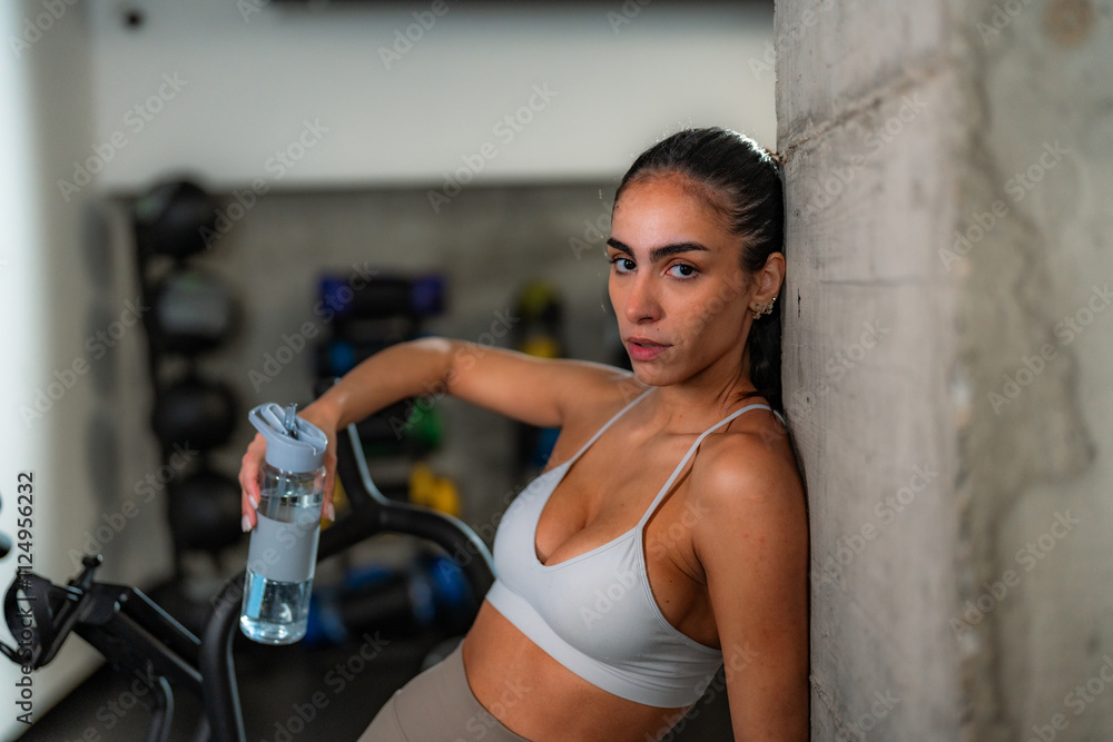 Fototapeta premium Fit woman in athletic wear leans against concrete pillar, holding water bottle. Gym setting, posing confidently.