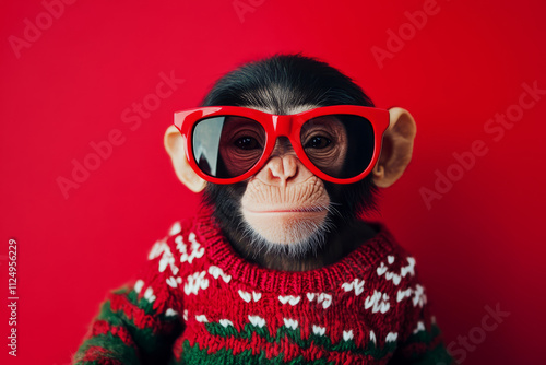 A dapper monkey wearing a festive sweater and oversized red sunglasses, set against a bold red background for a humorous holiday scene. photo