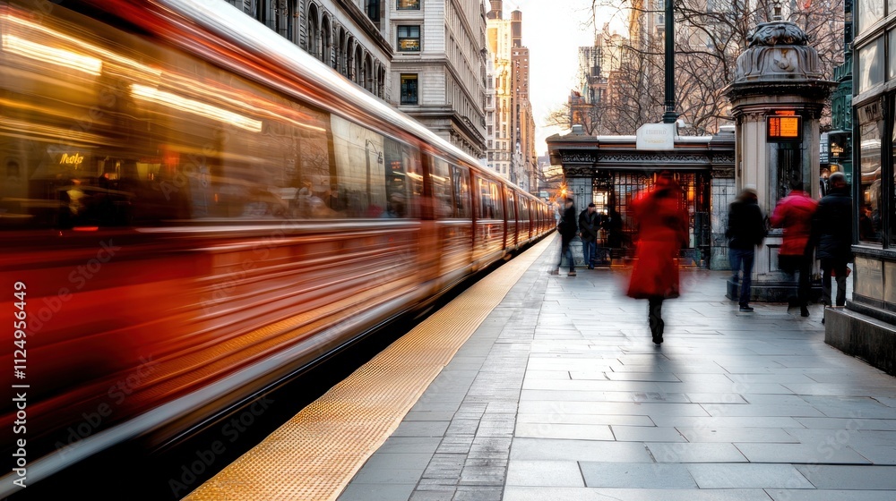 Fototapeta premium Red Train in Motion at Busy Urban Subway Station with Passengers and Cityscape