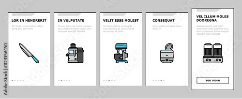 restaurant equipment kitchen cafe onboarding mobile vector fryer commercial, professional industry, clean utensil, interior fridge, stainless restaurant equipment kitchen cafe illustrations