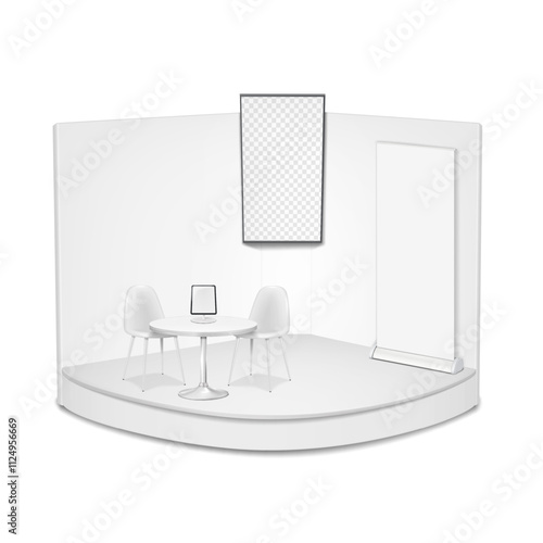 Exhibition set template. White trade show corner booth with video TV LCD screen, table, countertop tablet stand, two chairs, roll-up banner. Vector 3d mock-up. Tradeshow expo display kit mockup