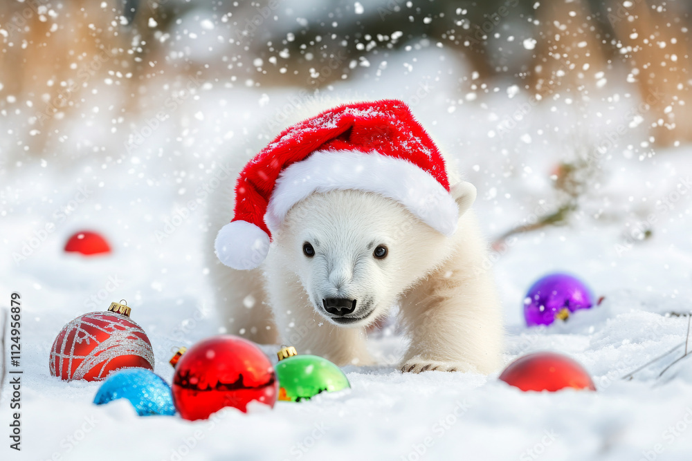 A polar bear cub wearing a Santa hat, playing in the snow with colorful holiday decorations. A polar bear cub wearing a Santa hat, playing in the snow with colorful holiday decorations.