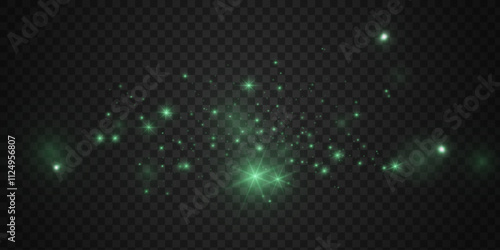 Christmas background. Powder PNG. Magic shining green dust. Fine, shiny dust bokeh particles fall off slightly. Fantastic shimmer effect.