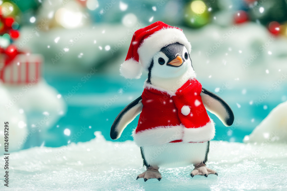 Fototapeta premium A holiday-themed picture of a penguin dressed in Santa attire, standing on ice with colorful holiday decorations, ideal for festive promotions and cards.