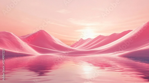 Fototapeta Naklejka Na Ścianę i Meble -  Pink sunset reflecting on water surface with rolling hills in background, dreamy landscape
