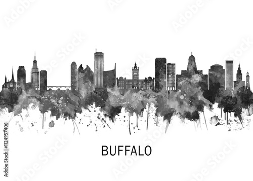 Buffalo New York Skyline BW, travel art illustration urban modern downtown landmarks skyscrapers artwork abstract architecture digital office home decor