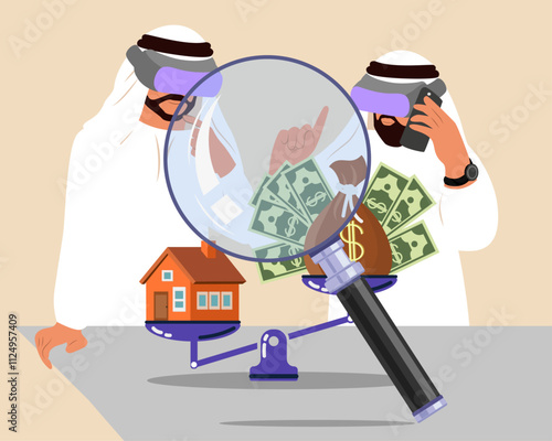 Arab Businessmen Wearing Modern Vr Glasses. Inflation inspection. Reduce Value of Money over time, High Cost of Living due to increase in Houses price. Vector  illustration
