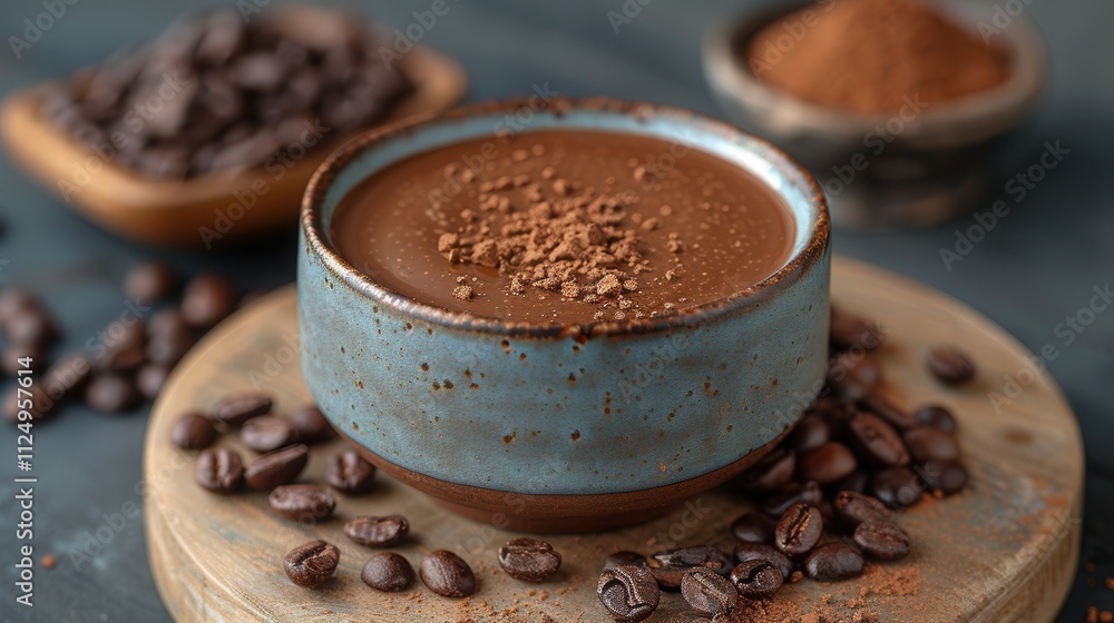 Sipping rich, velvety chocolate drink garnished with cocoa powder beside coffee beans and ground cocoa in a cozy café setting. Generative AI Sipping rich, velvety chocolate drink garnished with cocoa powder beside coffee beans and ground cocoa in a cozy café setting. Generative AI