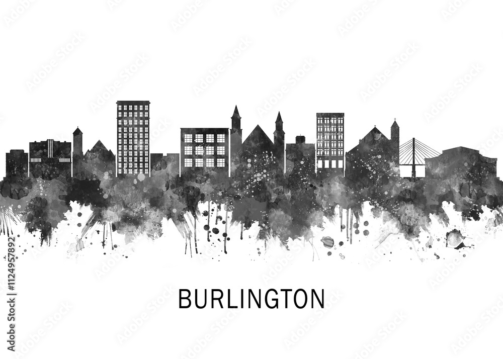 Obraz premium Burlington Iowa Skyline BW, travel art illustration urban modern downtown landmarks skyscrapers artwork abstract architecture digital office home decor
