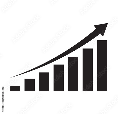 Single black arrow growing pointing up on chart graph bars icon, success graph trending upwards flat design interface infographic element for app ui ux web button, vector isolated on white background.