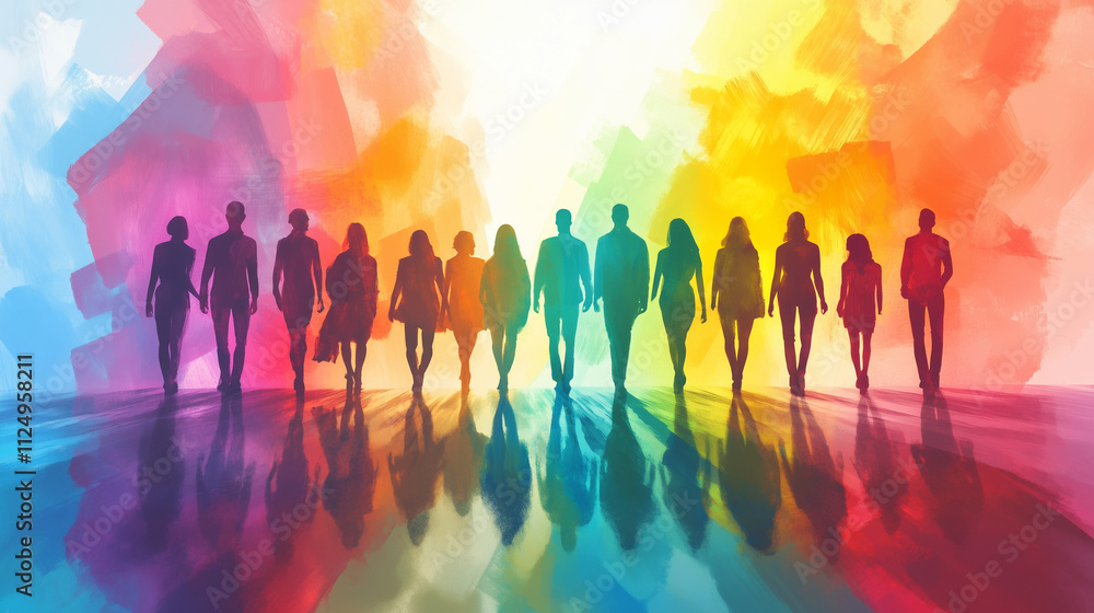 Silhouette of people in abstract rainbow background. Equality between people concept. Silhouette of people in abstract rainbow background. Equality between people concept.