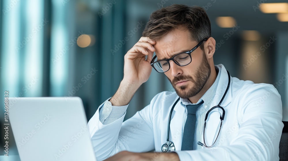 Successful doctor focused on work at office desk using laptop in a modern medical environment Successful doctor focused on work at office desk using laptop in a modern medical environment