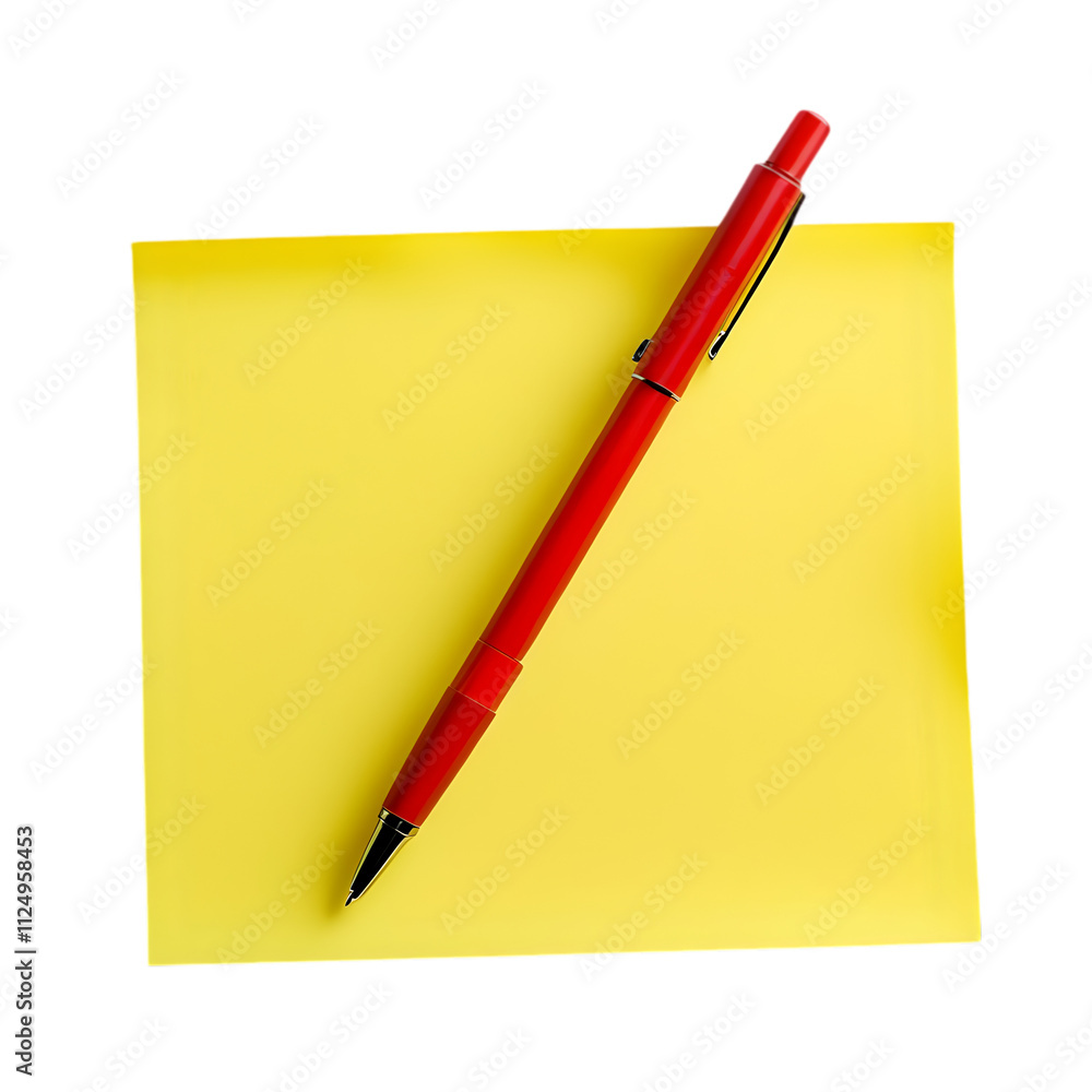 A red ballpoint pen resting diagonally on a yellow sticky note on a transparent background. A red ballpoint pen resting diagonally on a yellow sticky note on a transparent background.