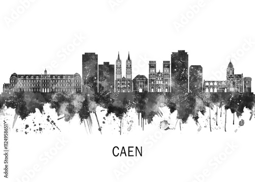 Caen France Skyline BW, travel art illustration urban modern downtown landmarks skyscrapers artwork abstract architecture digital office home decor