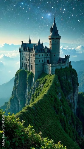 Wallpaper Mural An ancient cliff-top castle surrounded by green vineyards, with moss-covered towers, surrounded by fog and stars in the night sky Torontodigital.ca