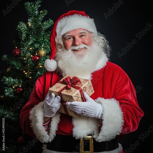 Santa smiling holding wrapped gift, green tree photo