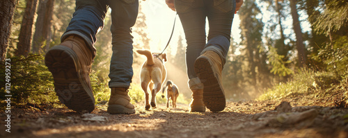 Walking dog on forest trail during sunset, enjoying nature beauty